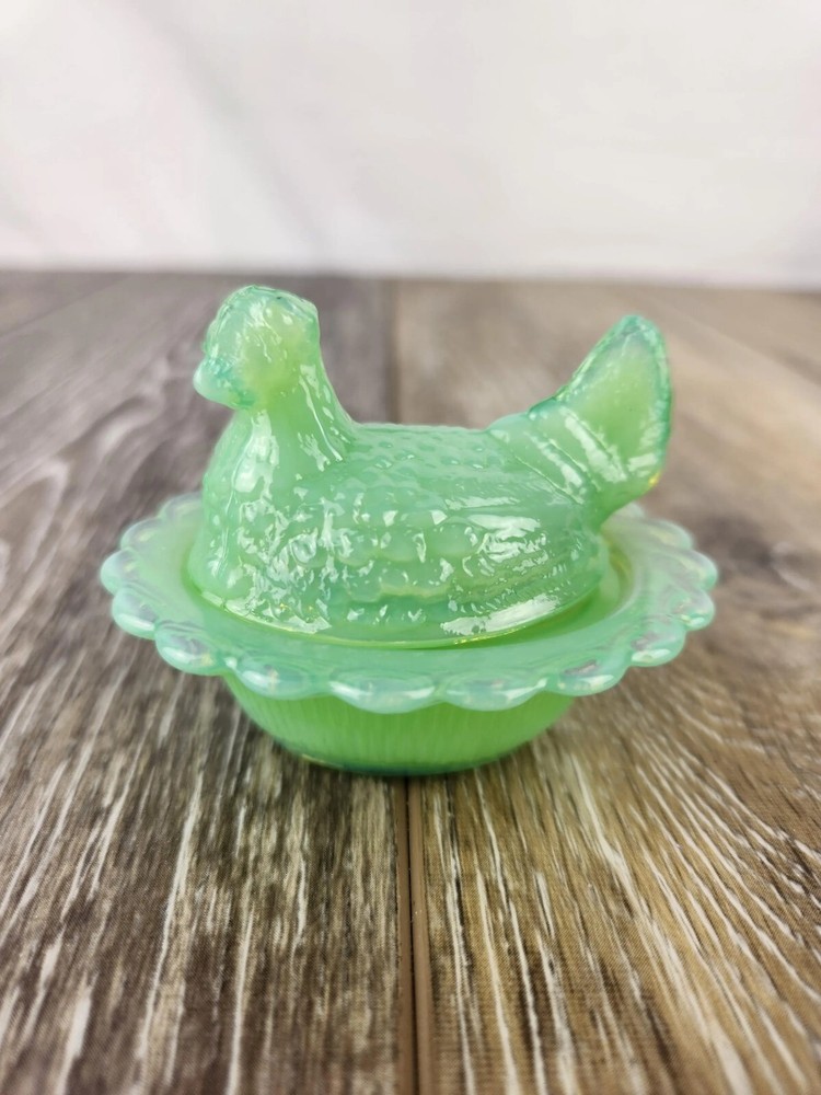Jadeite Green Glass Hen on Nest Salt Cellar with Ruffled Rim Basket Dish