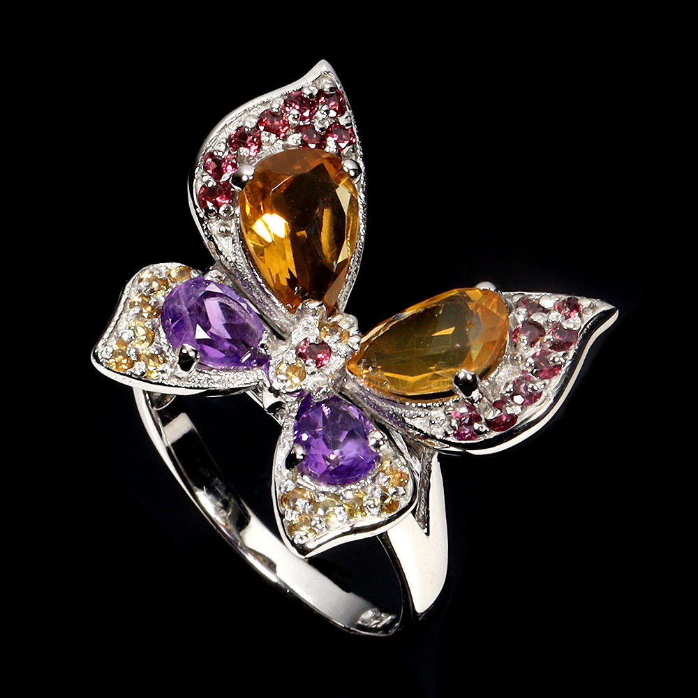 925 Silver Pear Citrine Ring with 8x6mm Sapphire Garnet Gemstone Jewelry