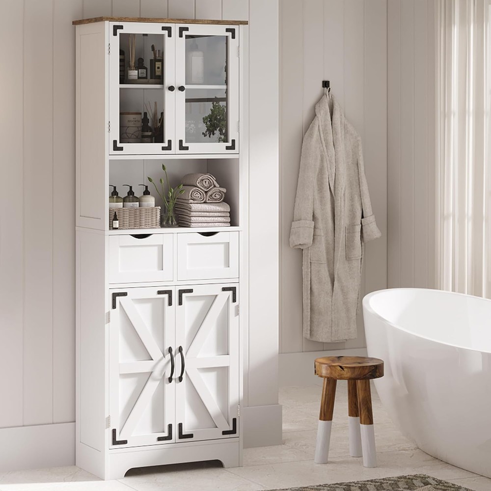 67-Inch Freestanding Bathroom Storage Cabinet with Glass Doors for Linen Organization