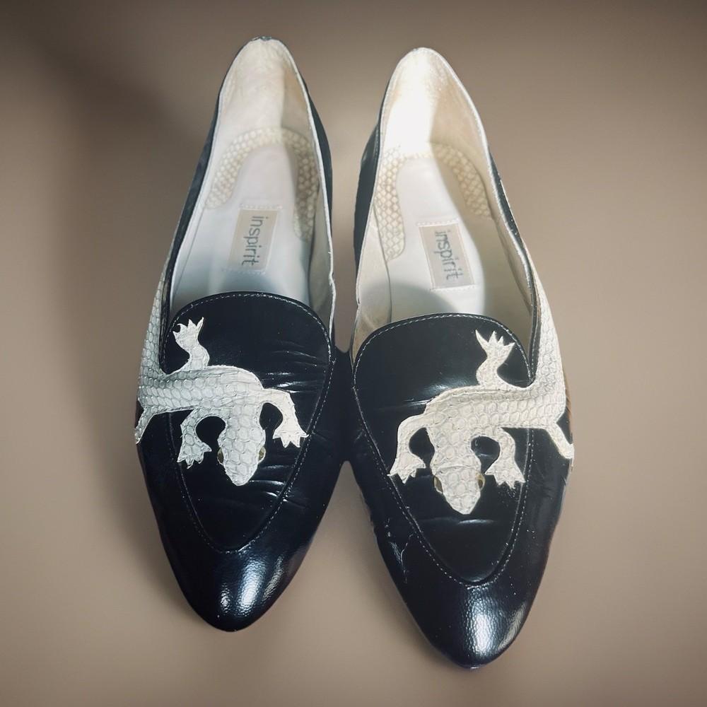 VTG Inspirit Loafers Women’s 7.5 Black Leather Embossed Lizard Pointy Toe Flats