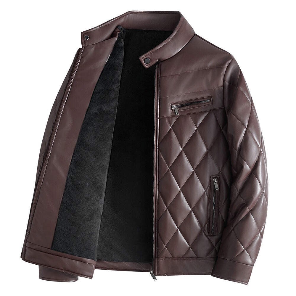 PU leather cotton jacket for men in winter with added velvet and thick leather c