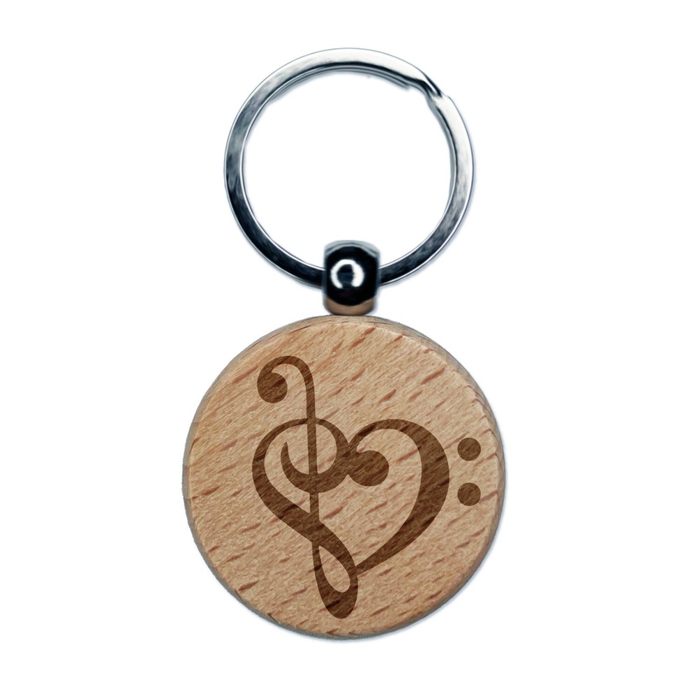 Treble Bass Clef Heart Music Love Engraved Wood Round Keychain Tag Charm