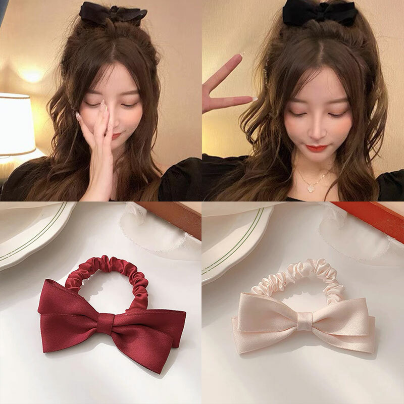 Elastic Ribbon Hair Scrunchies with Bow Ponytail Tie Bands