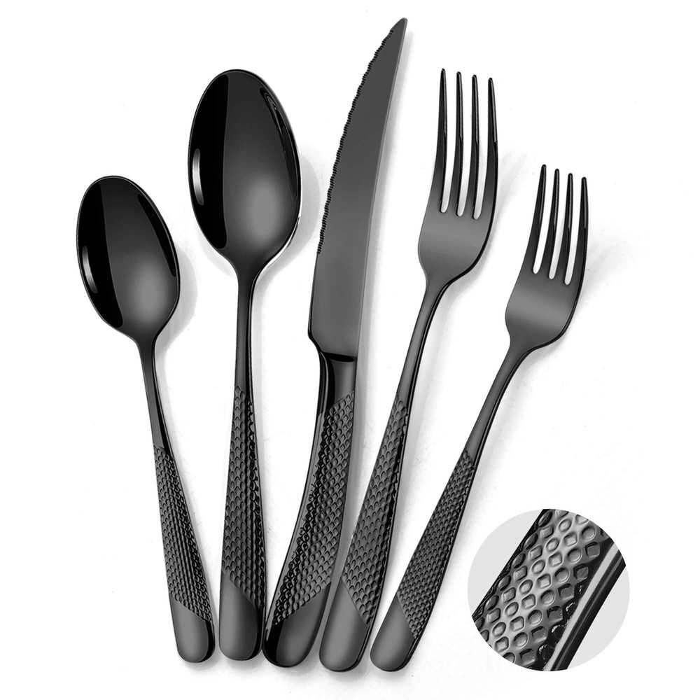20-Piece Hammered Black Silverware Set for 4 with Serrated Knives, 18/0 Stainless