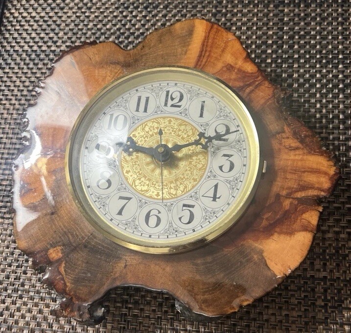 Vintage Quartz Hanging Clock in Live Wood Slab 9x9.5 Inches Battery AA Powered
