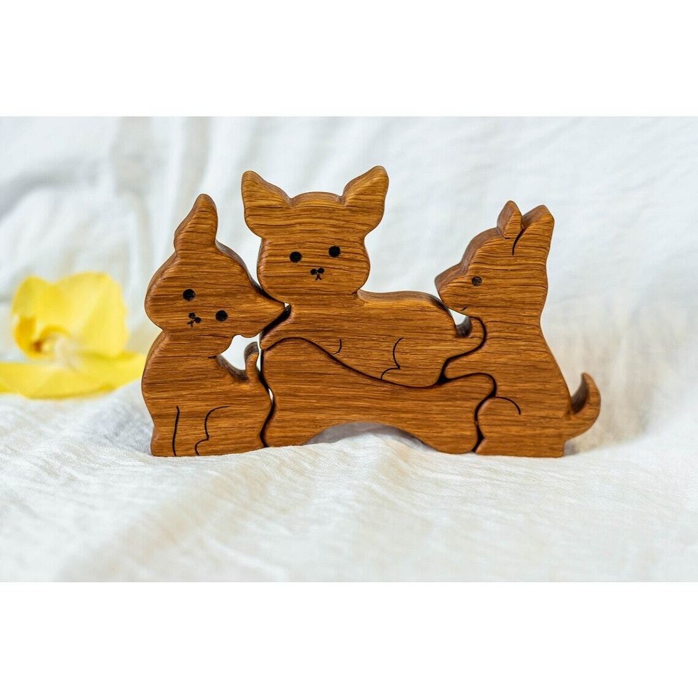 Handmade Wooden Puppies Hand Curved Puzzle Original Home Decor
