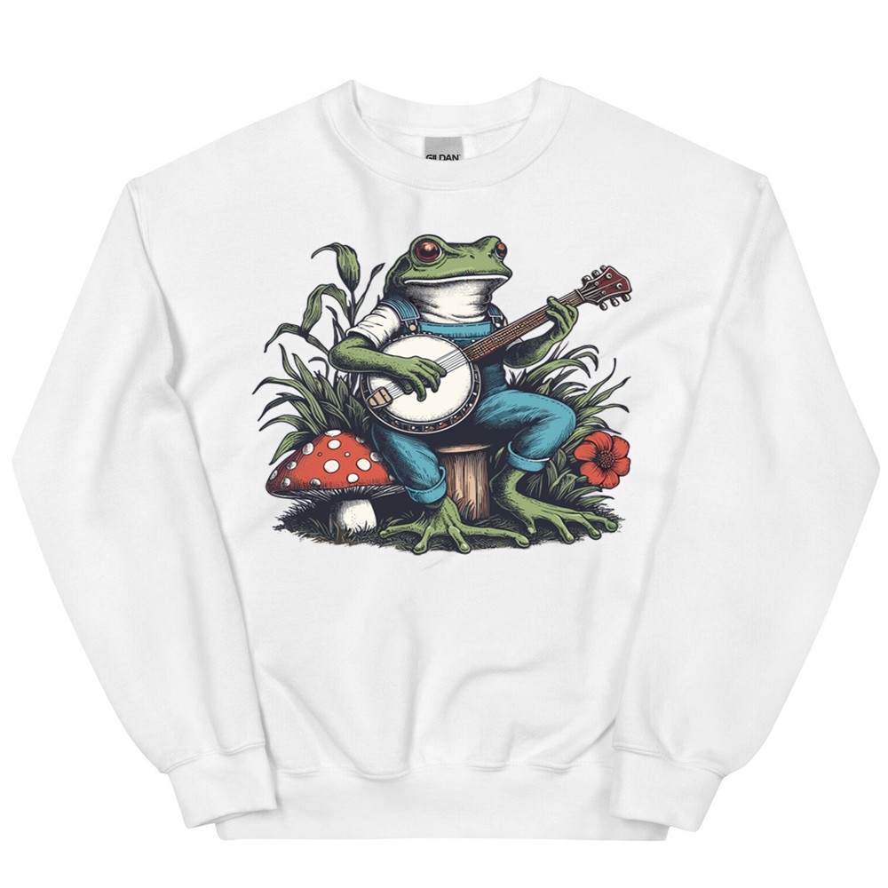 Cute Musician Frog Playing Banjo on Mushroom Sweatshirt - Aesthetic Music Shirt