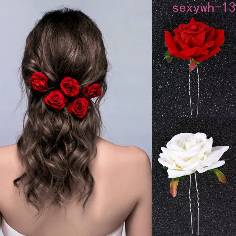U Shaped Red Hair Clips Wedding Hair Accessories Rose Flower Headpieces Bride
