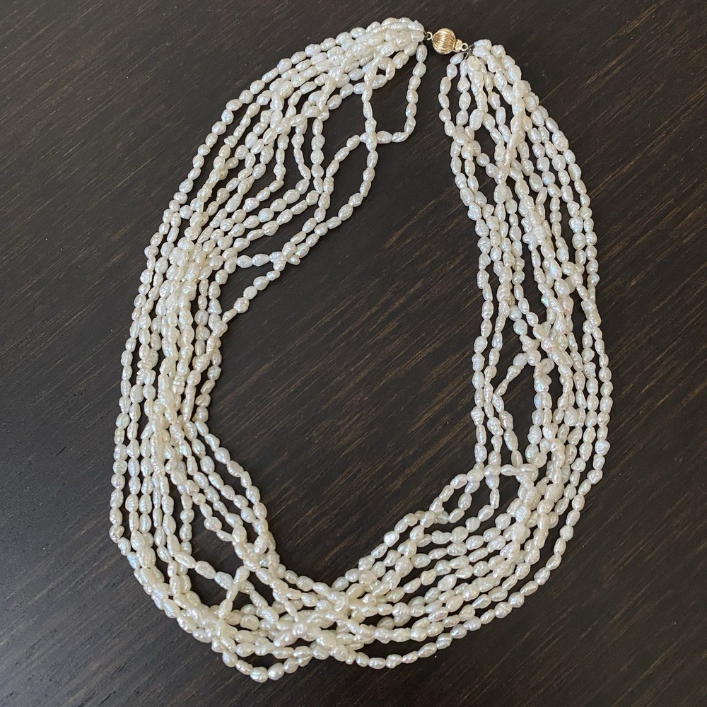 Vintage 10-Strand Rice Pearl Necklace With 14K Gold Clasp Approx 18”L *AS-IS*