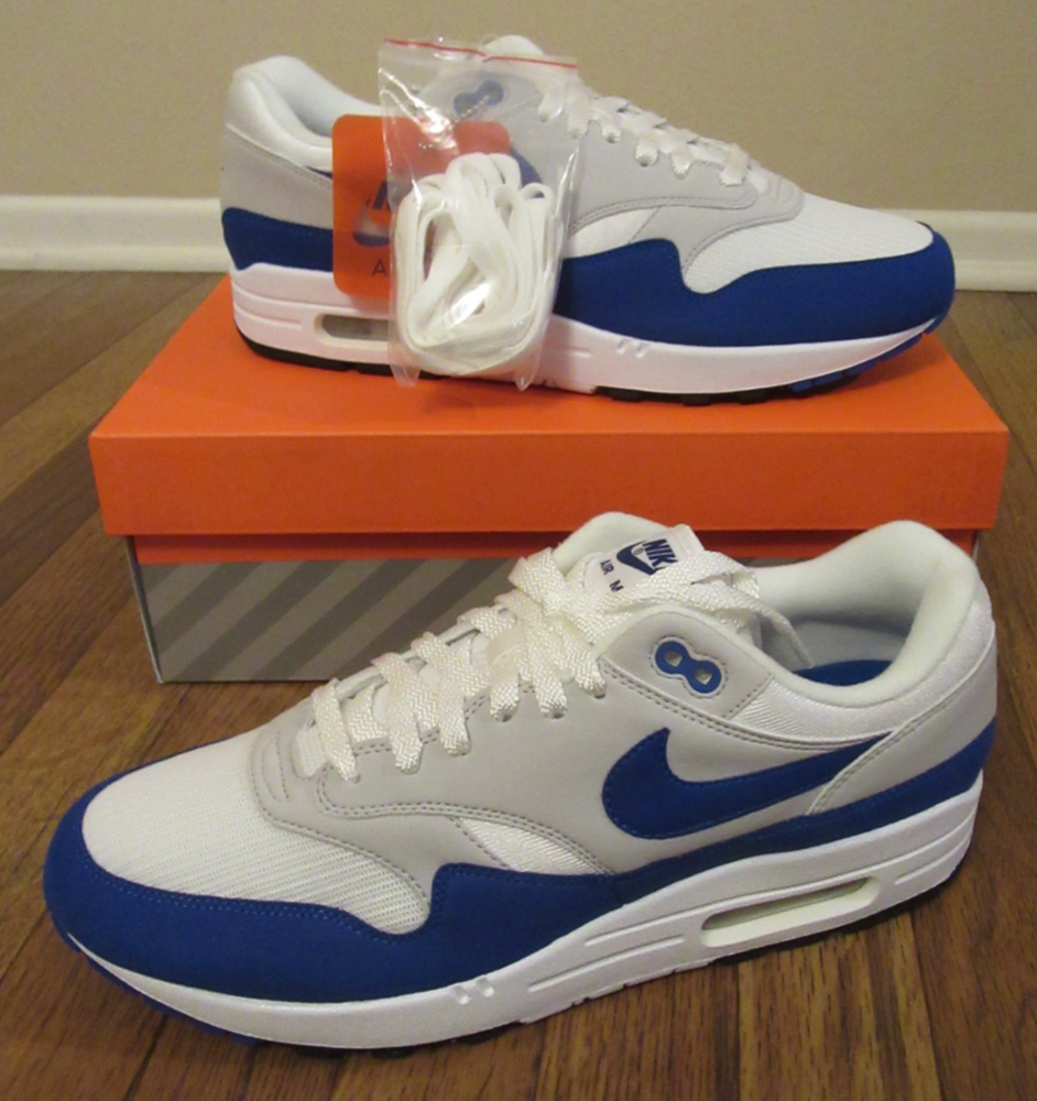 Nike Air Max 1 Anniversary Size 11.5 White Game Royal Neutral Grey 908375 102