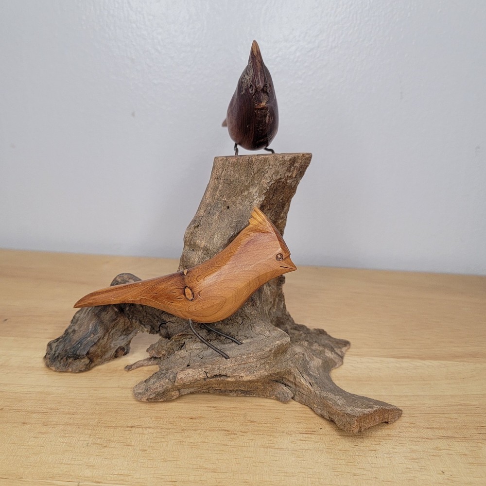 Vintage Hand Carved Cardinal Sculpture on Driftwood Decor  