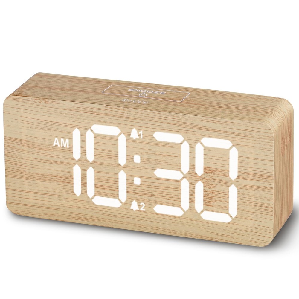 Wooden Digital Alarm Clocks for Bedrooms: Dimmable Dual Alarm Clock with Larg...