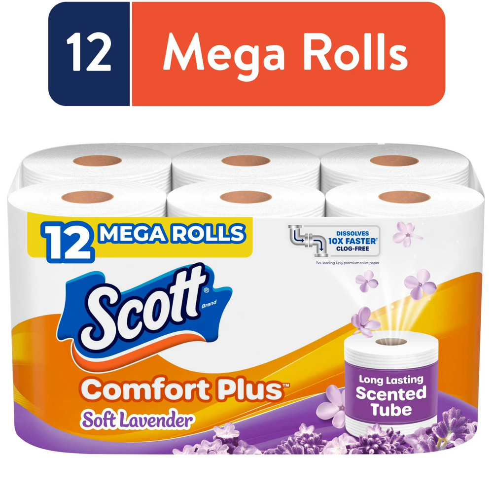 Scott ComfortPlus Toilet Paper – Soft Lavender Scented Tube, 12 Mega Rolls