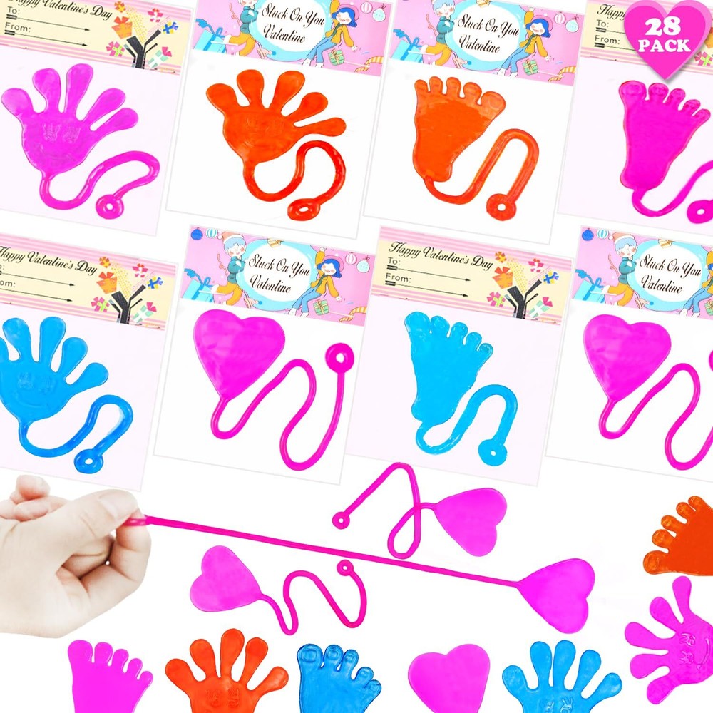 Valentines Day Classroom Gifts for Kids - 28-Pack Sticky Hands Feet Hearts