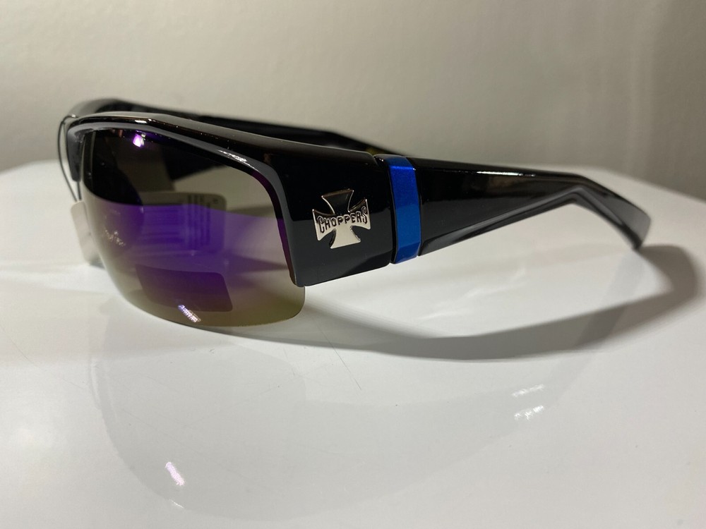 Men's black frame riding sunglasses with purple reflective lenses
