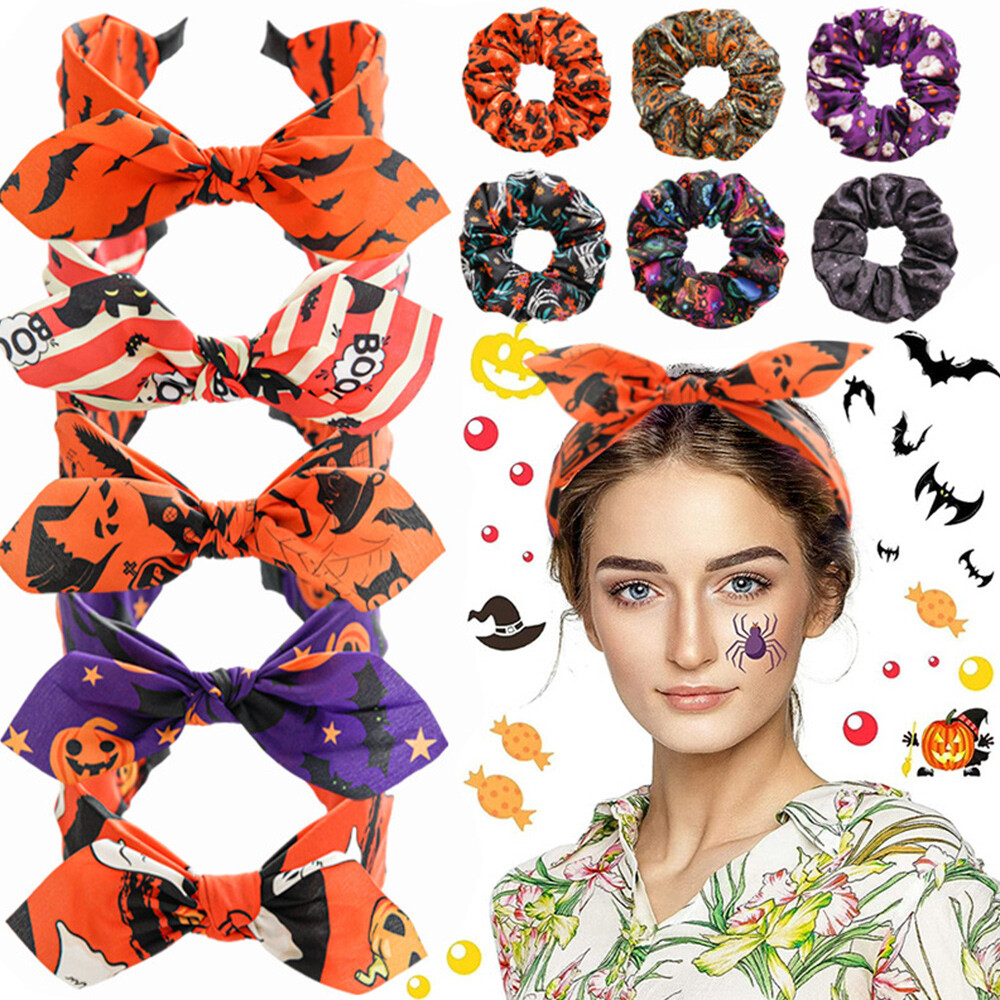 Skull Bat Pattern Hair Rope Bow-Knot Hairbands for Halloween DIY Headbands