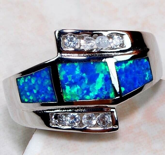 Australian Opal Inlay & Topaz 925 Solid Sterling Silver Ring Jewelry Sz 6 TD1