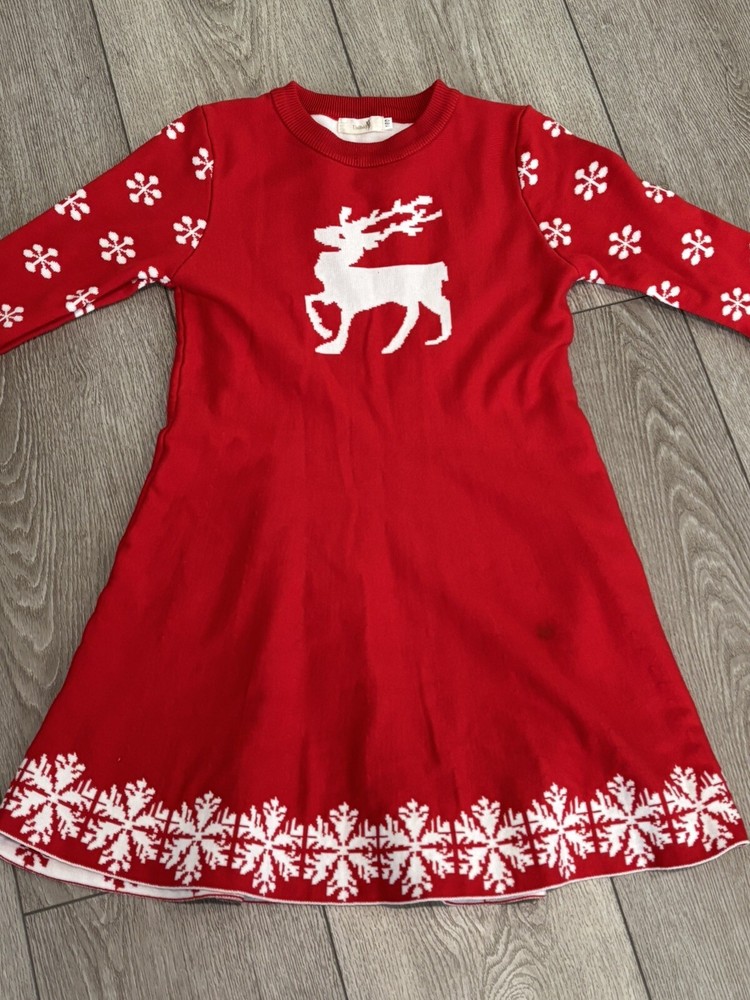 Girls Sweater Dress 10-12 Red White Reindeer Christmas Holiday Party Large