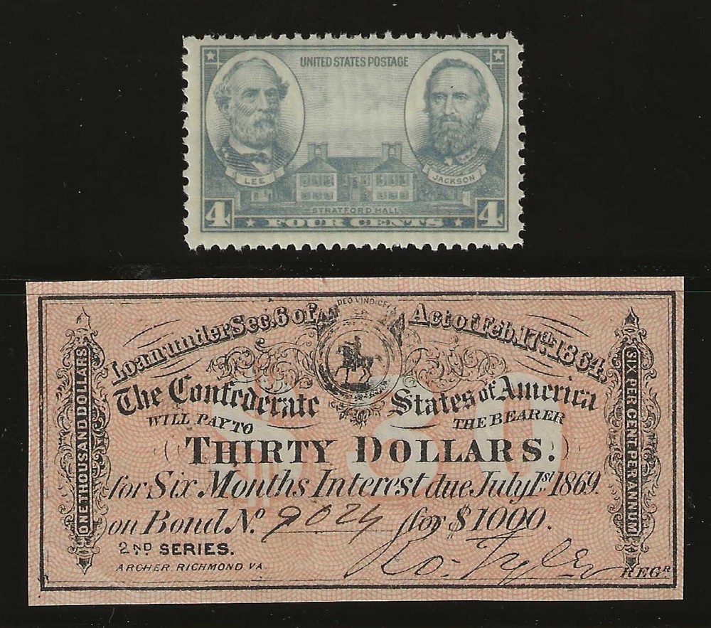 1864 Confederate $1000 Bond Coupon with Lee & Jackson Stamp - Civil War Era-image