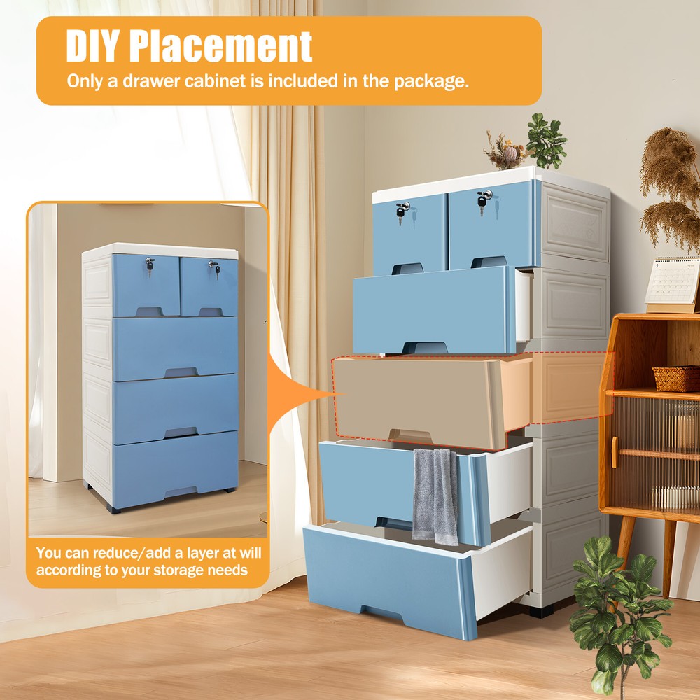 6 Drawers Dresser Plastic Storage Cabinet W/ Lock Closet Organizer 4 wheels Blue