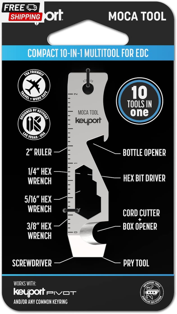 MOCA 10-In-1 Keychain Multitool (Stainless) | EDC Multi Tool: Pry Bar, Bottle Op