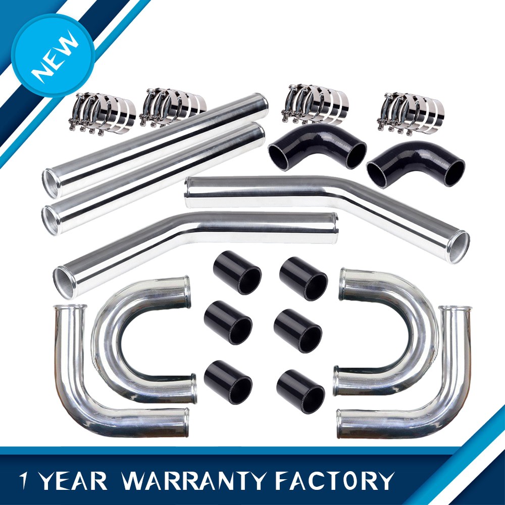 2.5 Inch Universal 8-Piece Polished Aluminum Intercooler Kit with Black Hose and Clamps  