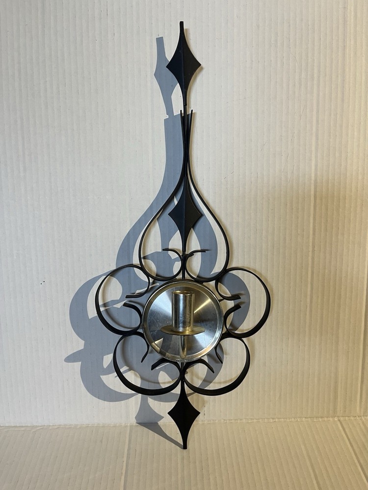 Vintage MCM Black Metal Gothic Wall Sconce 18 Inch Spanish Revival Scroll Design Flawless