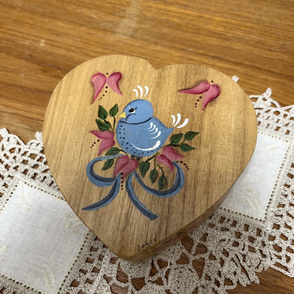 Vintage Bluebird Heart-Shaped Hinged Trinket Jewelry Box