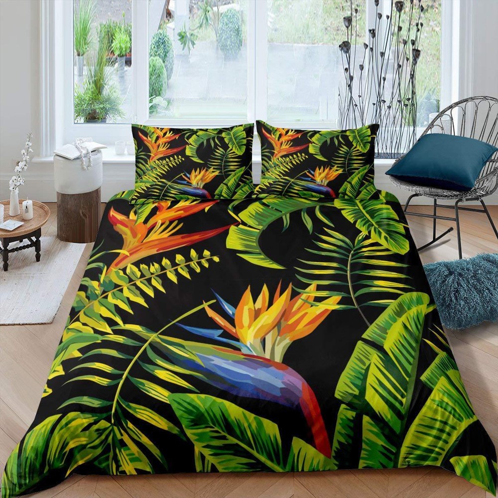 Tropical Plant Leaves Black Duvet Quilt Cover Queen Bedding Set Pillowcase