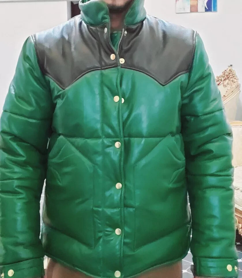 Mens Green Genuine Leather Lambskin Padded Quilted Leather Down Puffer Jacket