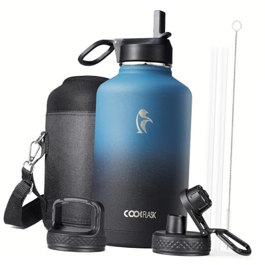 Half Gallon Water Bottle Insulated with Straw & 3 Lids,  64 oz Water Jug Large