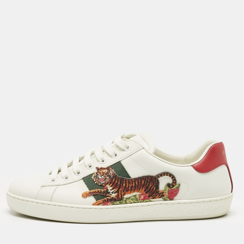 Gucci White Leather Ace Sneakers with Tiger Embroidery Size 41.5