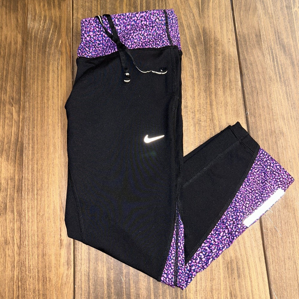 Nike Dri-Fit Capri Leggings Womens Medium Black Purple Yoga Workout Drawstring Waist