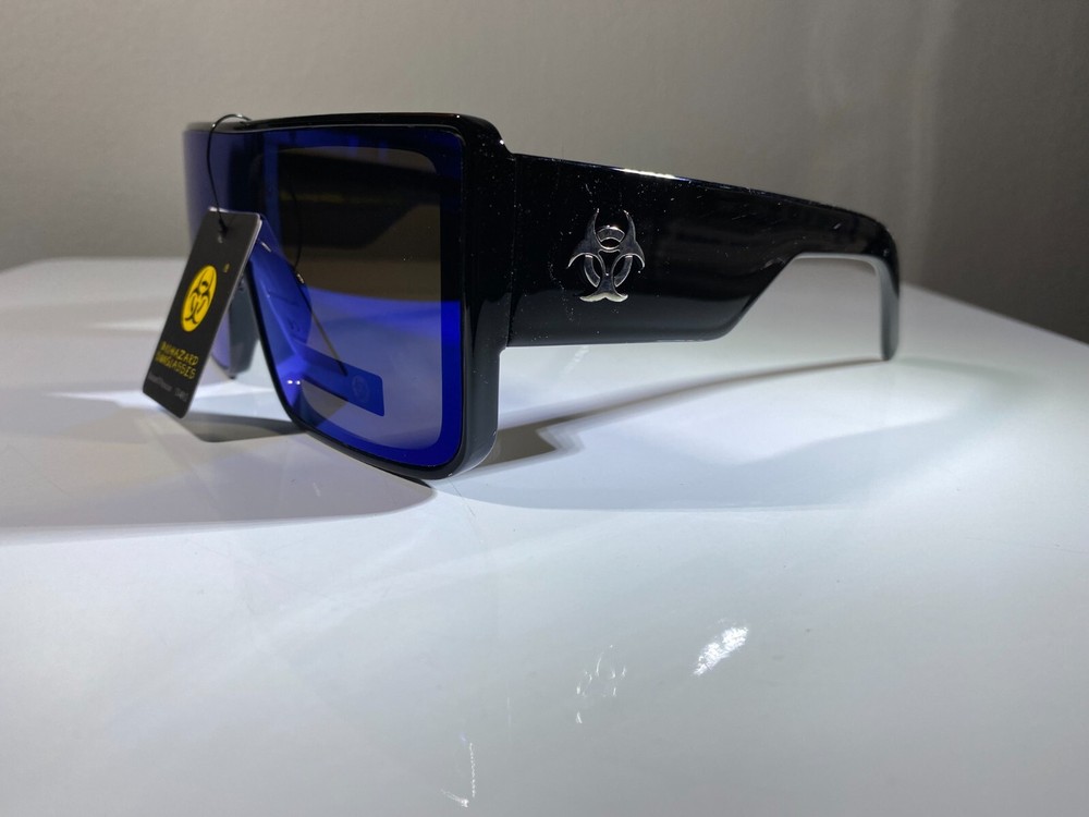 Futuristic Unisex Sunglasses Black Frame Blue Reflective Lenses  