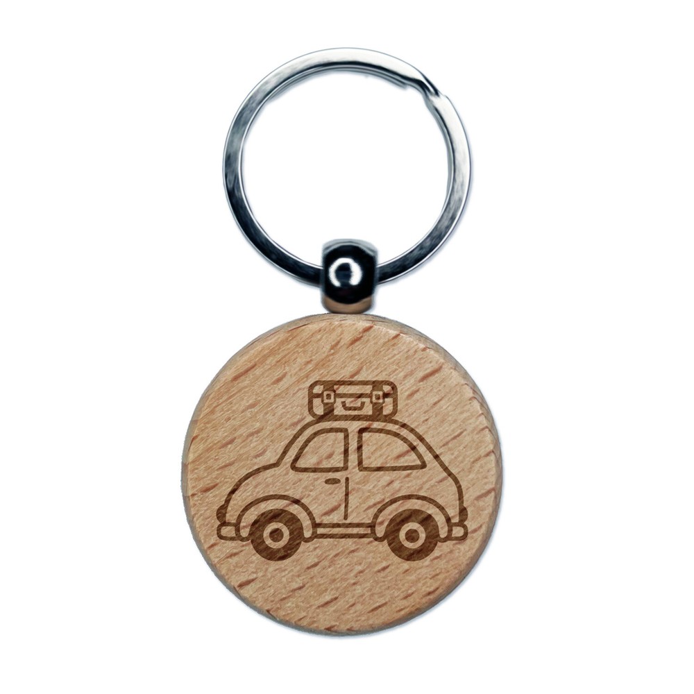Cute Car with Suitcase Road Trip Travel Engraved Wood Round Keychain Tag Charm