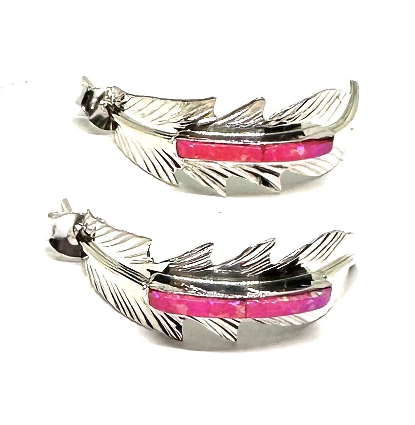 Native American Sterling Silver Navajo Handmade Pink Opal Inlay Feather Earring