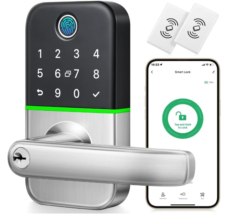 Cerradura inteligente con manija y teclado, acceso sin llave y fácil de instalar