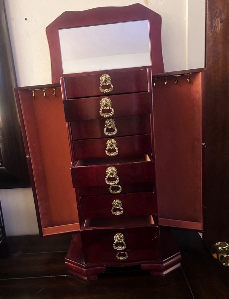 Wooden Jewelry Tabletop Armoire Cabinet 9 Drawers Side Doors Brown Cherry