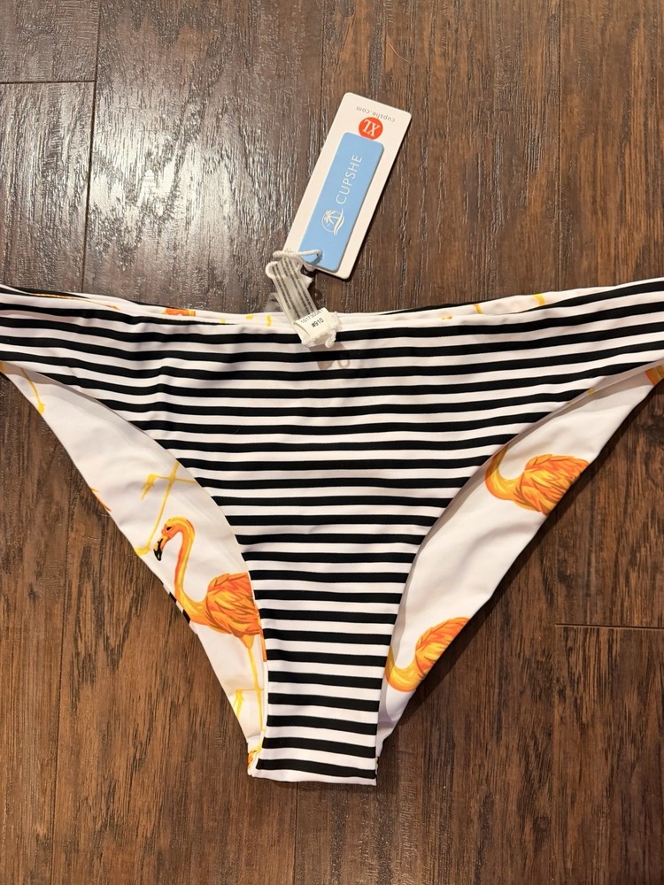NEW Women’s Bikini Bottom XL Black Striped Yellow Flamingos