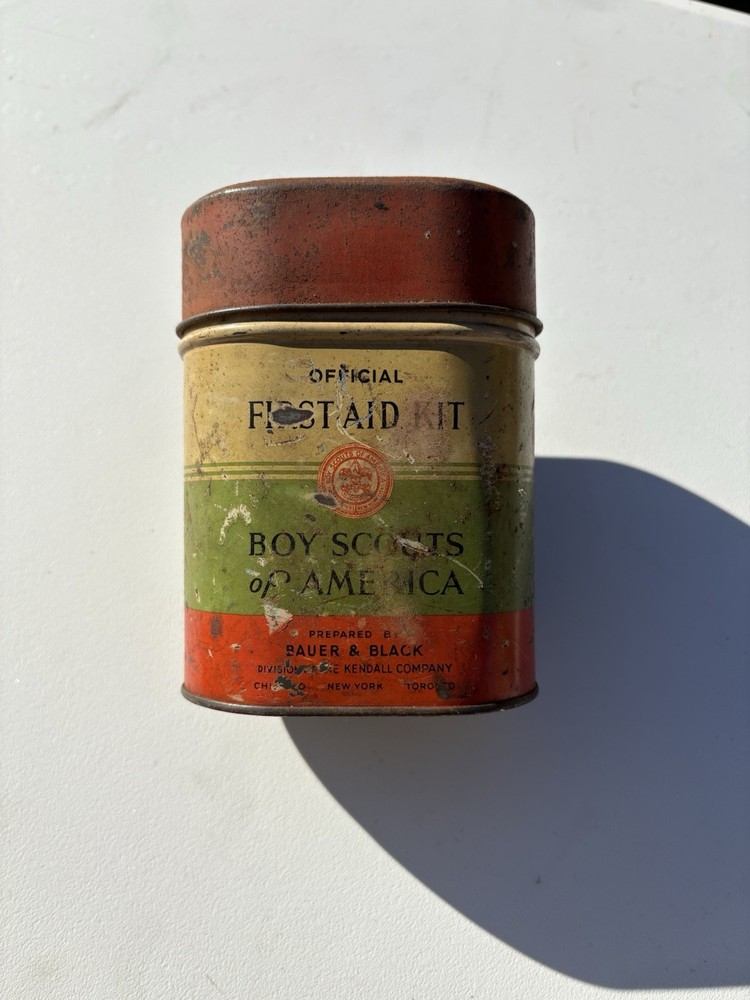 Vintage First Aid Kit Antique 30’s Bauer Black Metal Tin
