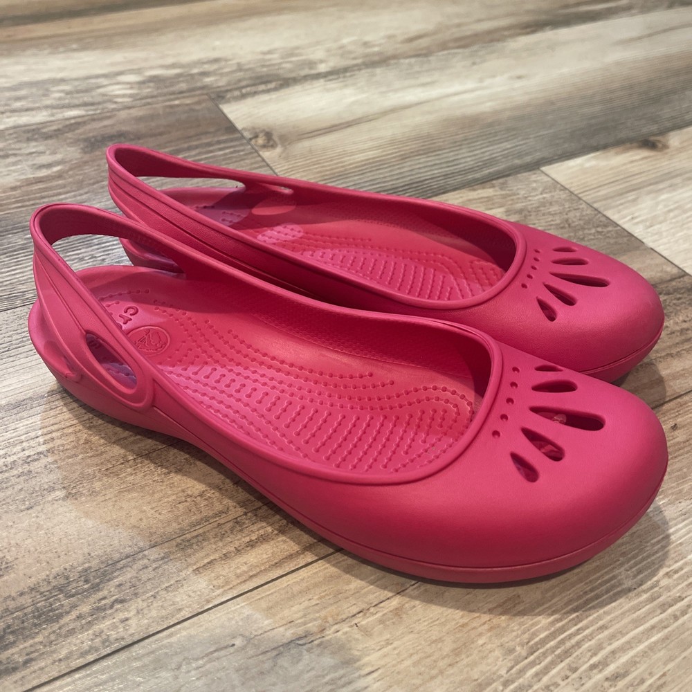 CROCS Malindi Flats Pink Rubber Ballet Shoes for Women Size 8 Comfy Casual