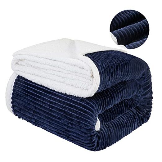 Striped Navy Blue Sherpa Fleece King Blanket 90x104 Inches