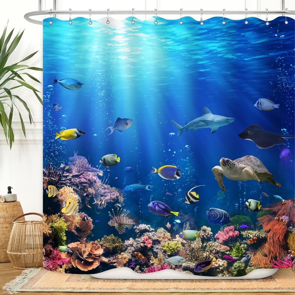 Ocean Shower Curtain Under The Sea Shower Curtain Blue Ocean Fish Shower Curt...