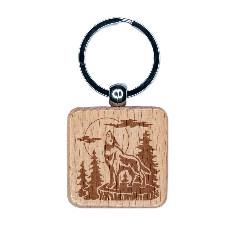 Wild Wolf Howling Moon Forest Engraved Wooden Square Keychain Charm  