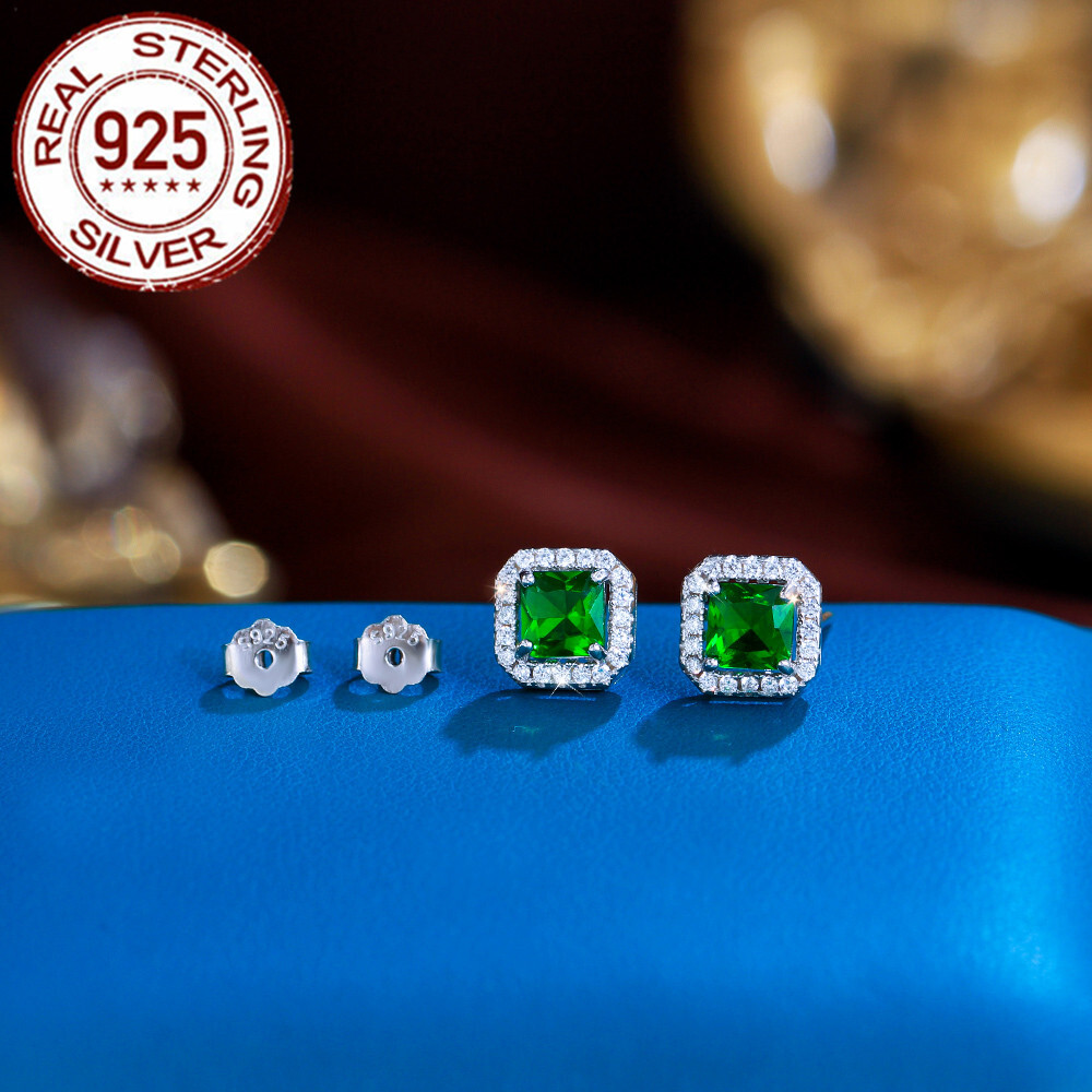 Elegant 925 Sterling Silver Green Square CZ Stud Earrings Women Gift  
