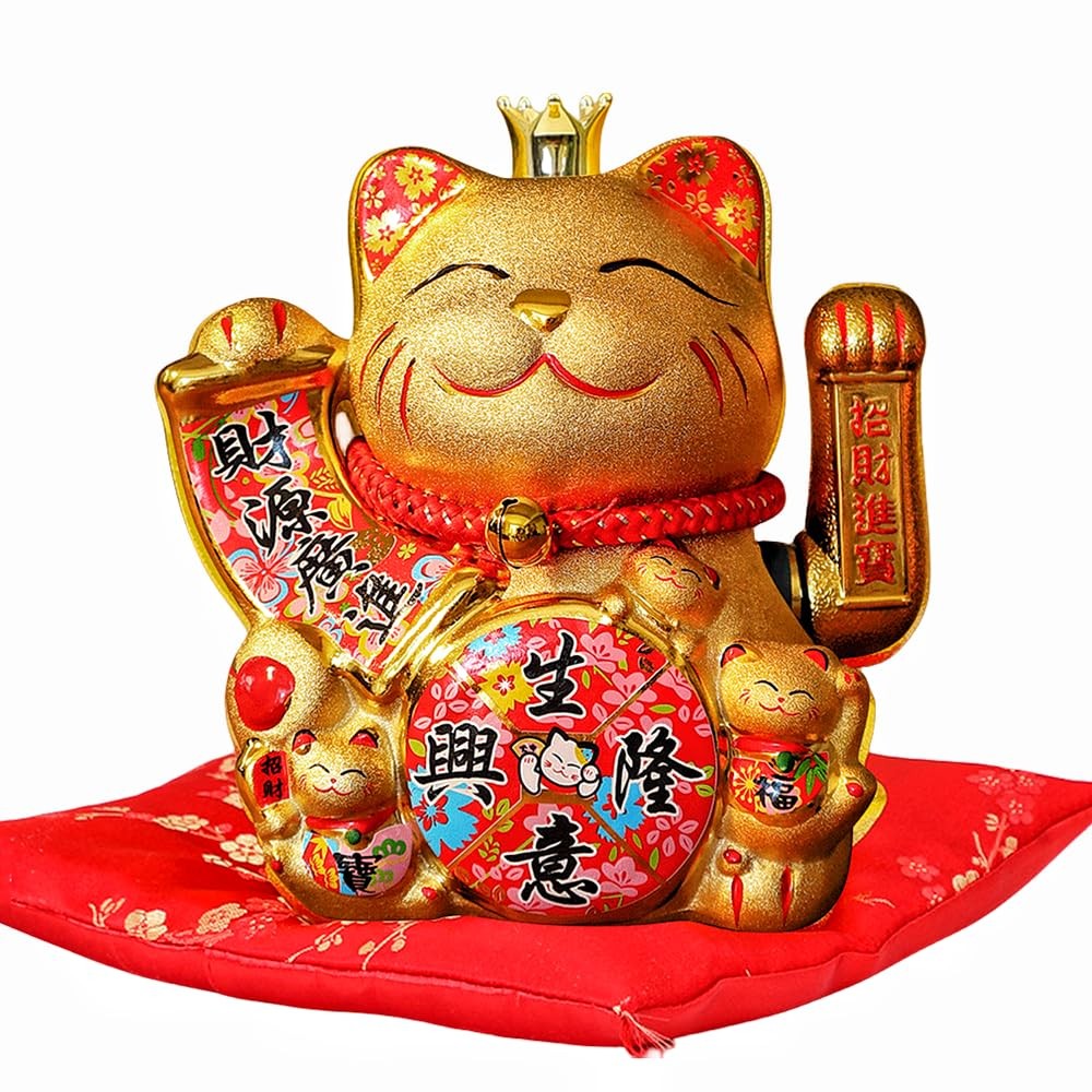 7.5Inch Golden Lucky Cat with Waving Gold Arm Operated Chinese Feng Shui Deorati