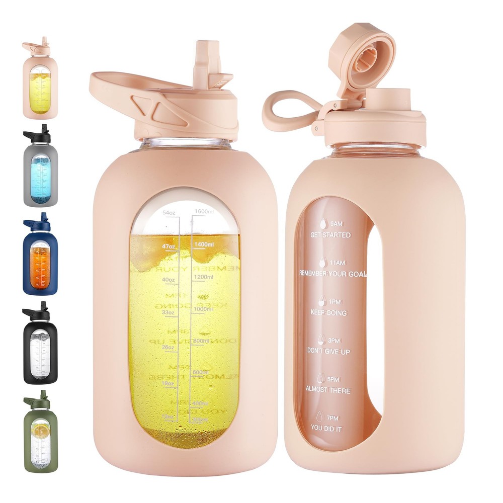 64 oz Glass Water Bottle with Straw & Handle - Half Gallon Sports Motivational Jug