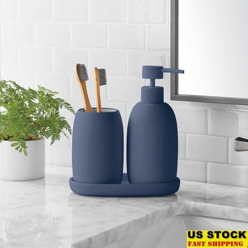 Ceramic Stoneware 3-Piece Bath Set with Soap Pump Tumbler and Organizer Tray