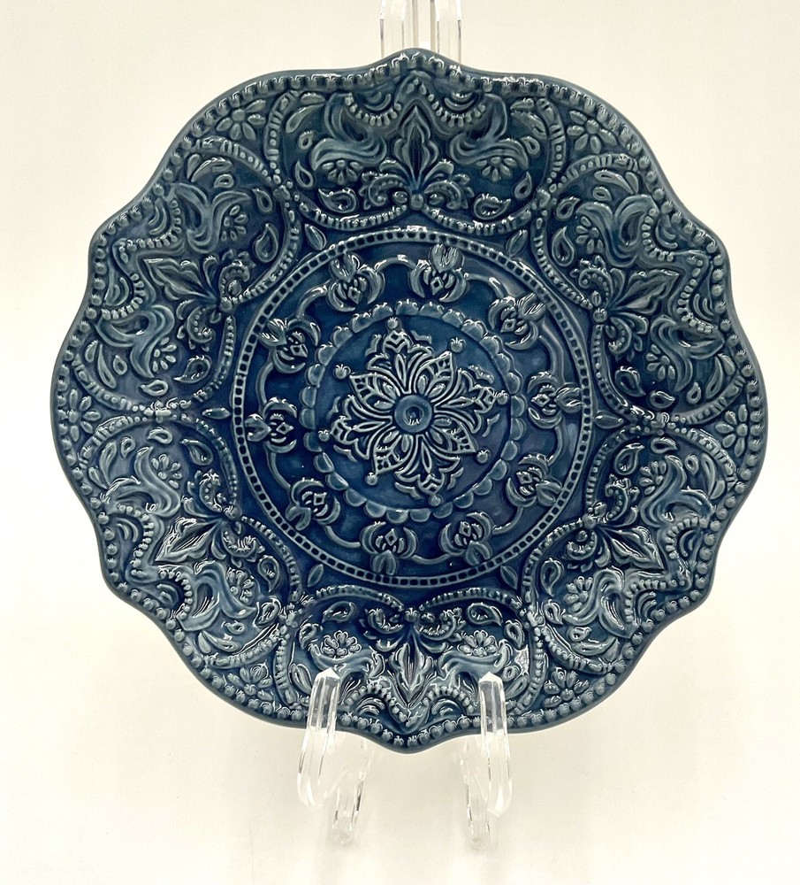 Pier 1 Chateau Clair Scalloped Indigo Blue Salad Appetizer Plate 8.5 in Ornate Design