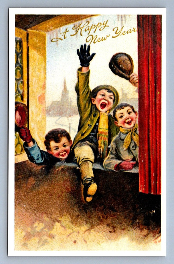 Postcard Vtg Reproduction New Year's Holiday Celebration Children Happy